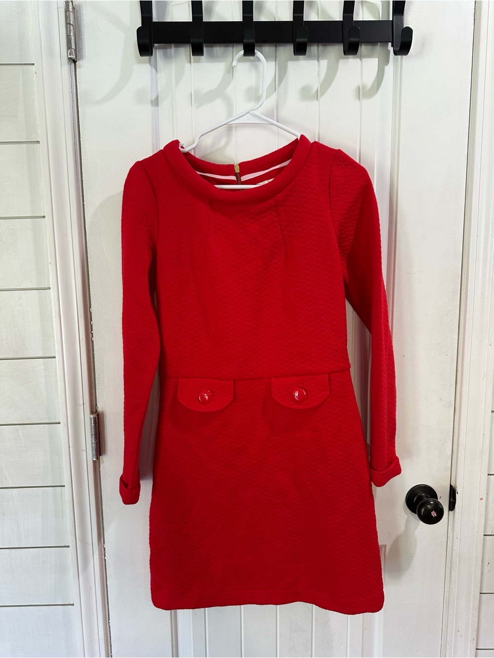 Boden Red Textured Knit Mod Shift Dress Pocket Detail Long Sleeve US 4